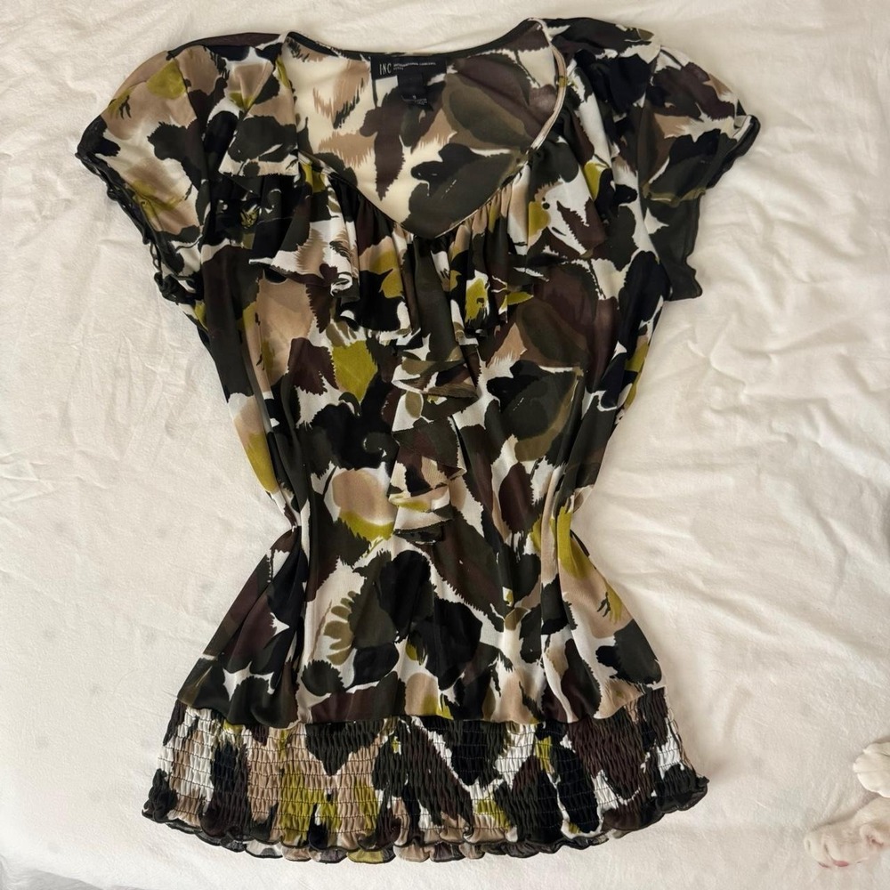 Green and brown sheer Y2K  blouse with ruffles